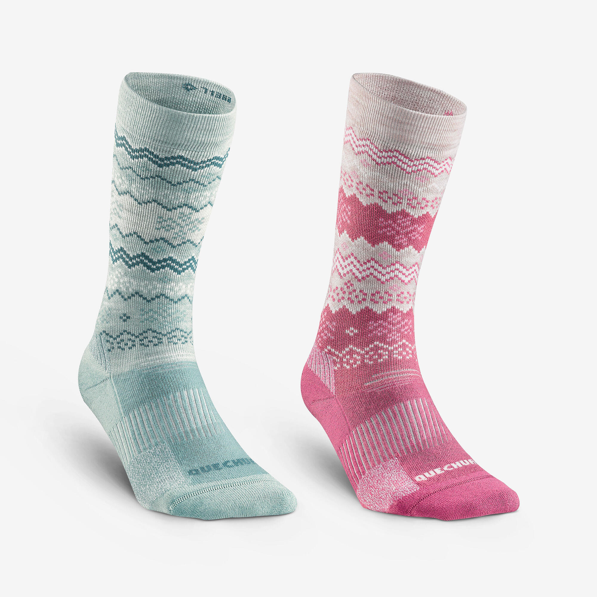 Meias Quentes para Trilha Sh500 Mid - Pacote (2 Pares) Quechua Verde/Rosa