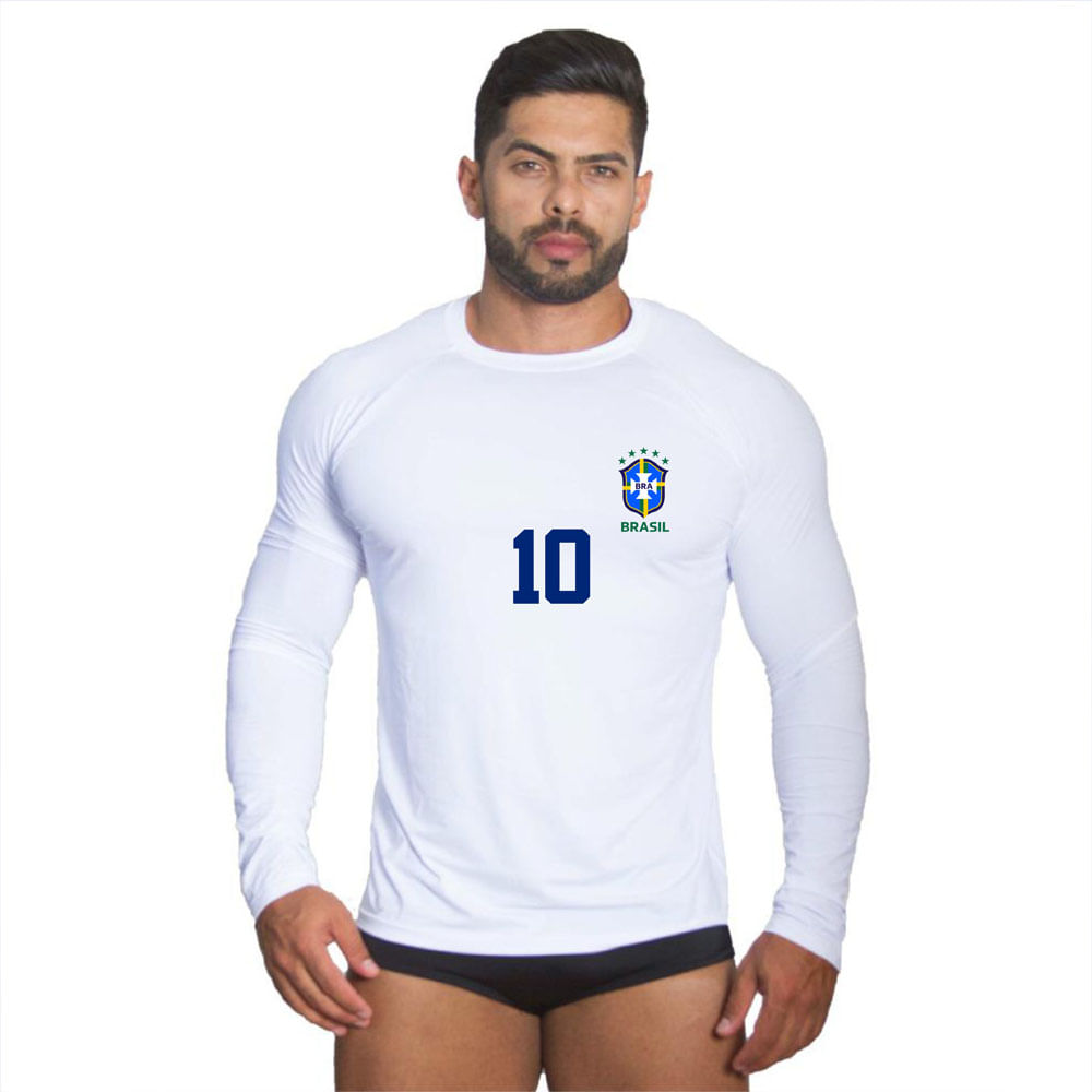 Camiseta Filtro UV Brasil Canarinho Azul Cristo Redentor - Faz a Boa!