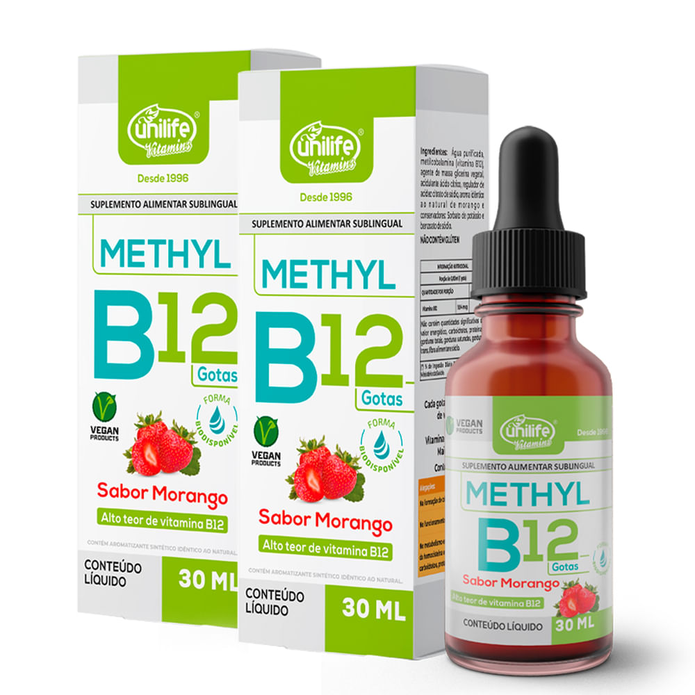 Kit 2 Vitamina B12 Methyl em gotas Unilife sabor Morango 30 ml