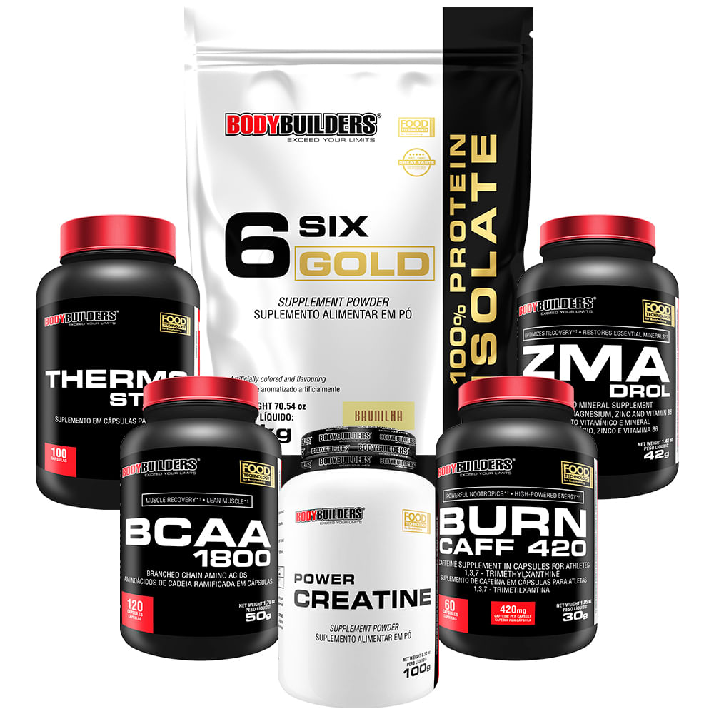 Kit Whey Protein Six Gold 2kg Creatina Bcaa 120 Caps Cafeína