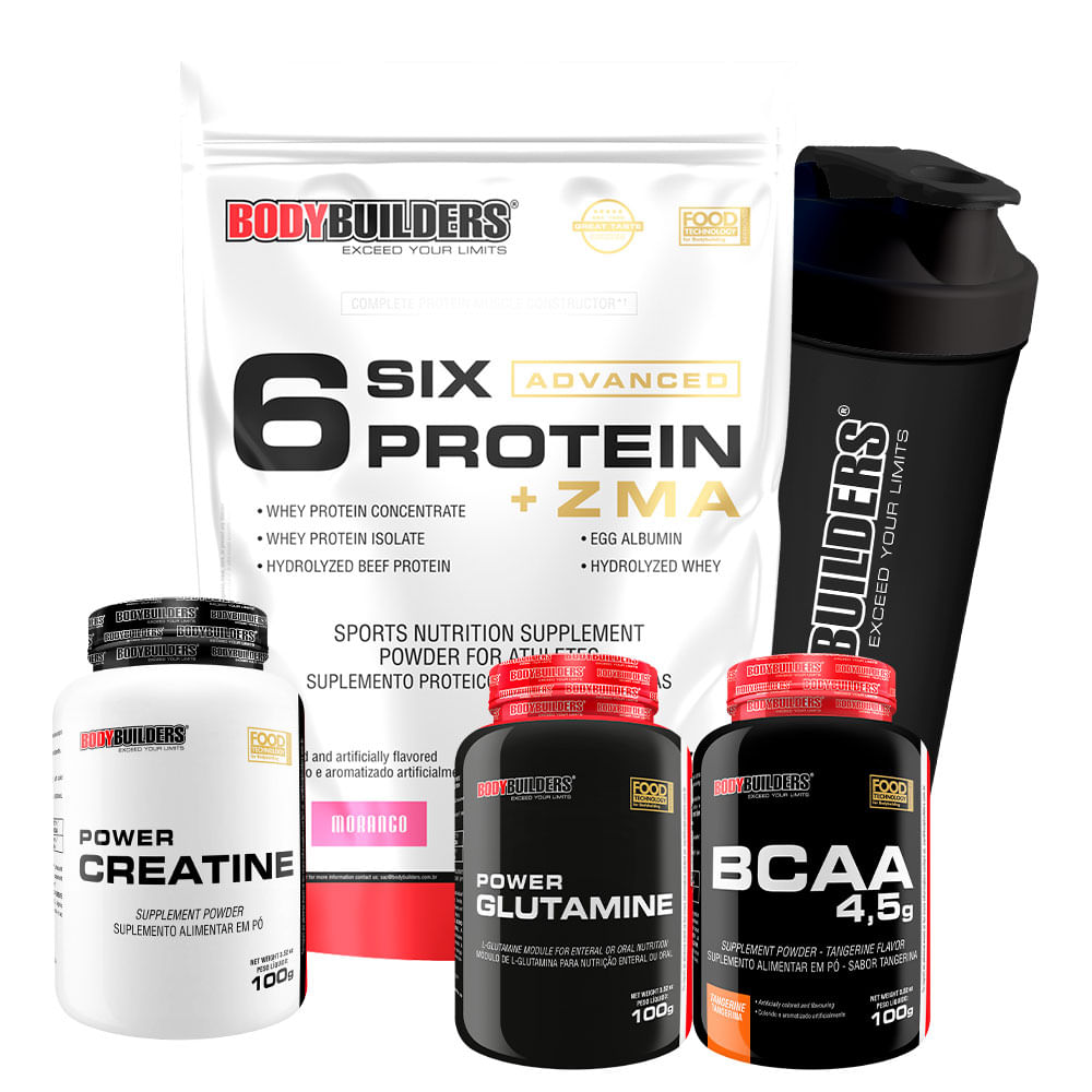 Kit Six Protein 2kg + BCAA 100g + Creatina 100g + Glutamina 100g + Coqueteleira Bodybuilders